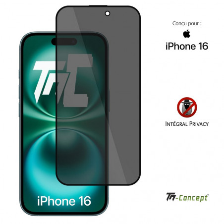 Apple iPhone 16 - Verre trempé teinté intégral - Noir - TM Concept® - gamme Intégral Privacy - image couverture Apple iPhone 16 - Verre trempé teinté intégral - Noir - TM Concept® - gamme Intégral Privacy - image couverture