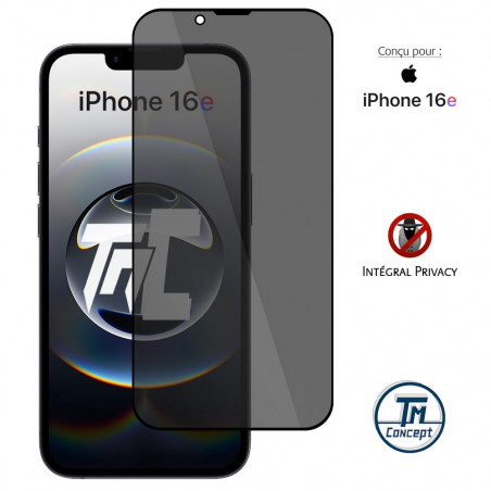 Apple iPhone 16e - Verre trempé teinté intégral - Noir - TM Concept® - gamme Intégral Privacy - image couverture Apple iPhone 16e - Verre trempé teinté intégral - Noir - TM Concept® - gamme Intégral Privacy - image couverture