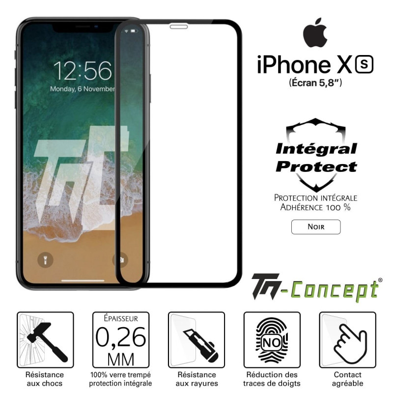Apple iPhone XS - Verre trempé intégral Protect Noir - adhérence 100% nano-silicone - TM Concept®