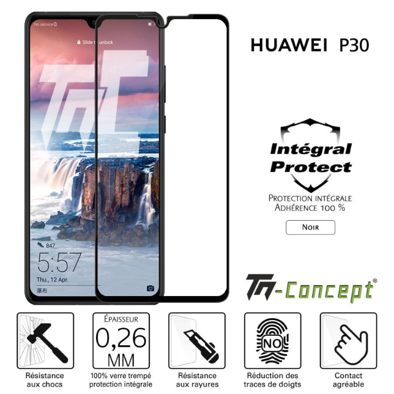 Huawei P30 - Verre trempé intégral Protect Noir - adhérence 100% nano-silicone - TM Concept®