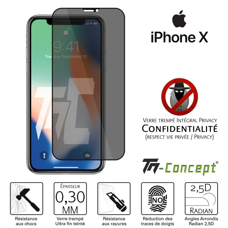 Verre trempé intégral teinté Anti-Espions Apple iPhone X - TM Concept®